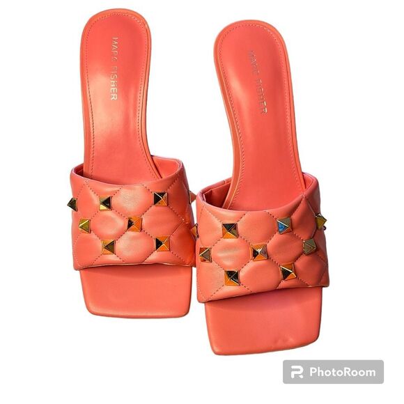 NWT Marc Fisher Pink Square Toe Quilted Kitten Heel Mules Gold Studded Feminine - Picture 1 of 6